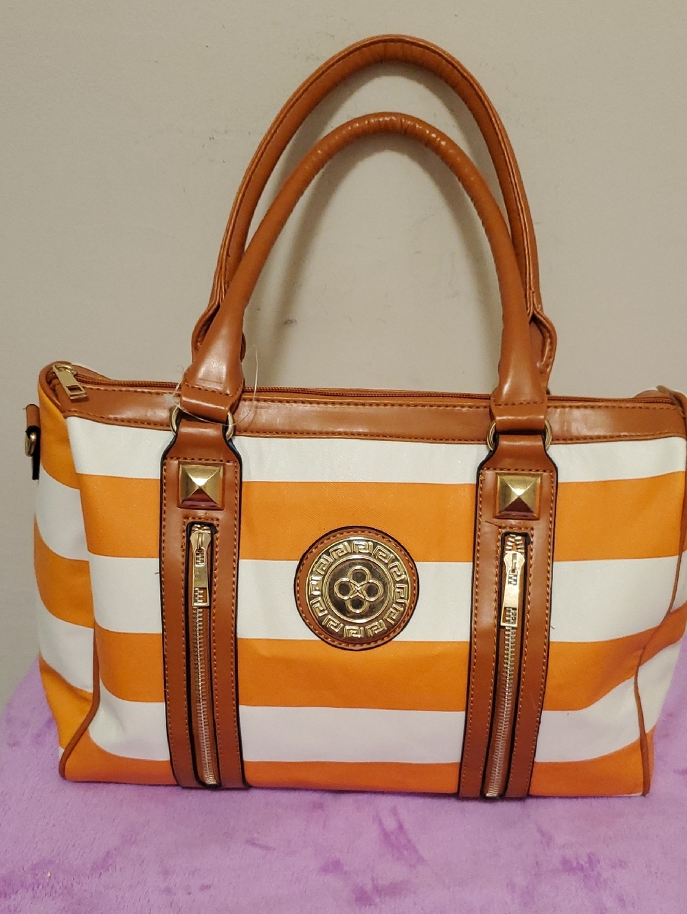 Orange and White Striped Tote with Brown Trim